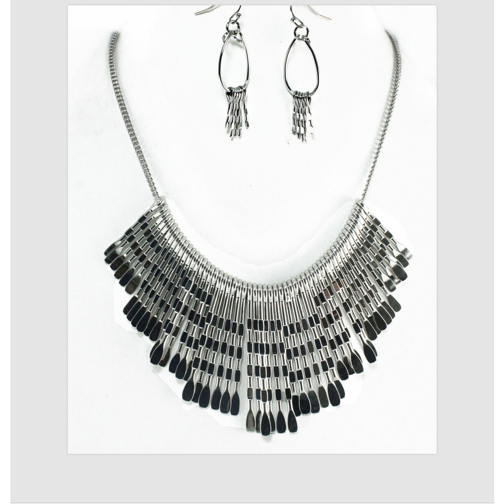 Womens Necklace Earrings Silver Statement Bar Bib Jewelry Set Dangle 17"-20"L